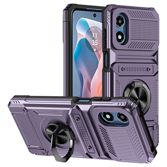For Motorola Moto G Play 4G 2024 TPU+PC Shockproof Card Slot Phone Case with Metal Ring Holder(Purple) by buy2fix