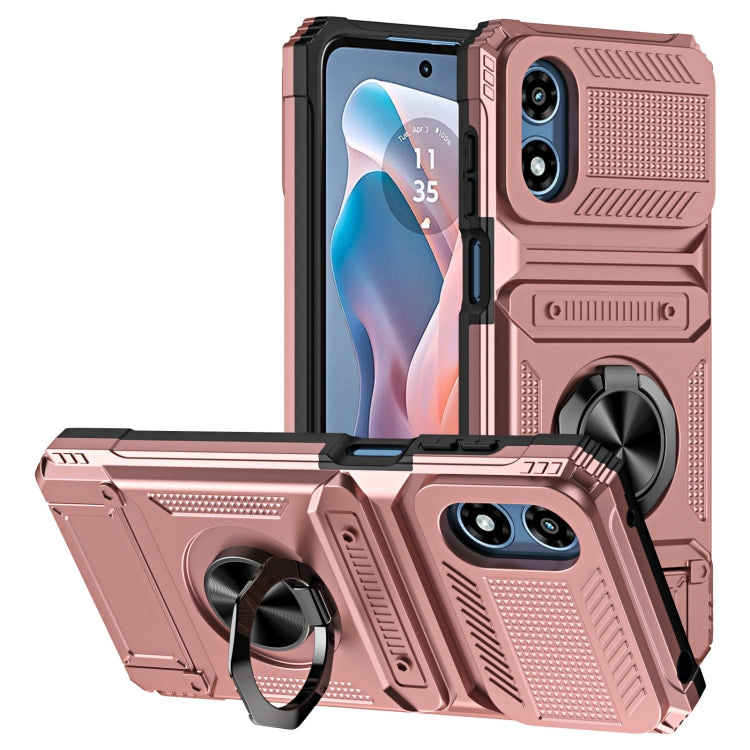 For Motorola Moto G Play 4G 2024 TPU+PC Shockproof Card Slot Phone Case with Metal Ring Holder(Rose Gold) by buy2fix