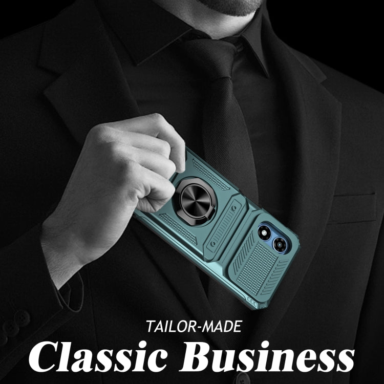 For Motorola Moto G Play 4G 2024 TPU+PC Shockproof Card Slot Phone Case with Metal Ring Holder(Green) by buy2fix