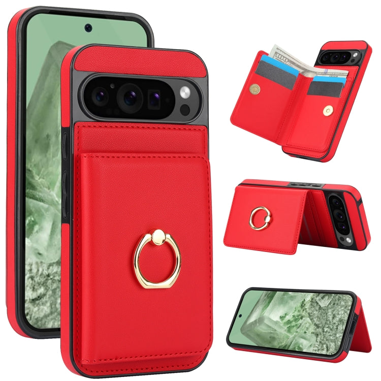 For Google Pixel 9 Pro XL RFID Anti-theft Card Ring Holder Phone Case(Red) by buy2fix