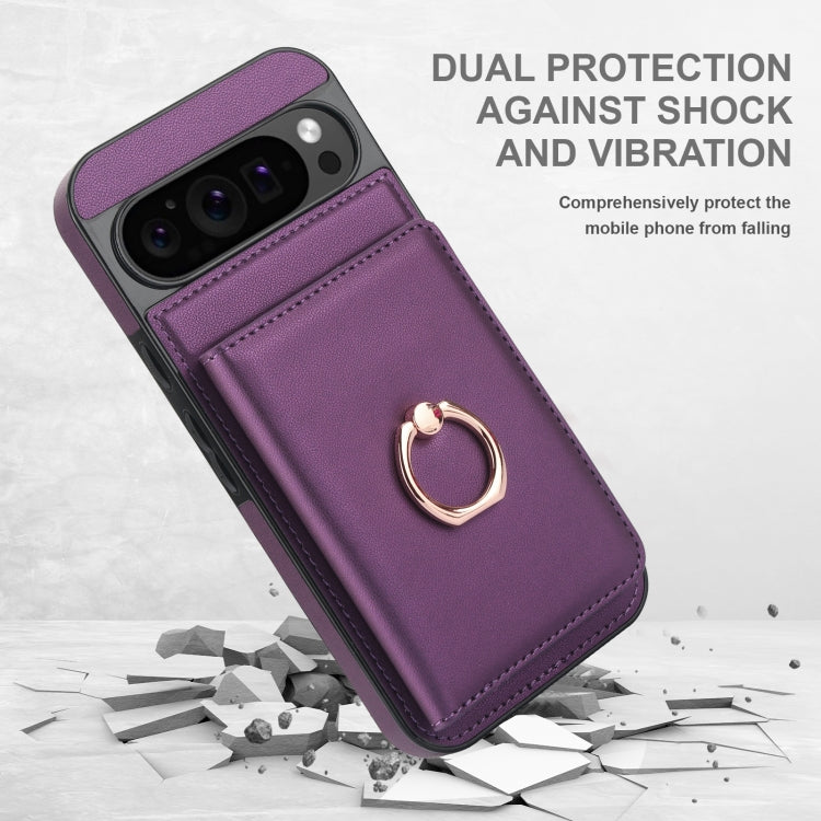 For Google Pixel 9 Pro XL RFID Anti-theft Card Ring Holder Phone Case(Dark Purple) by buy2fix