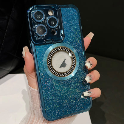 For iPhone 12 Pro Max Starry Glitter MagSafe Lens Holder Phone Case(Blue) by buy2fix