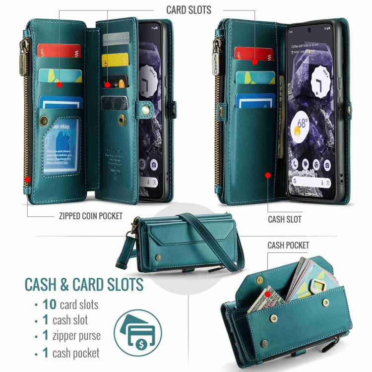 For Google Pixel 8 CaseMe C36 Card Slots Zipper Wallet RFID Anti-theft Leather Phone Case(Blue-green) - Google Cases by CaseMe | Online Shopping UK | buy2fix