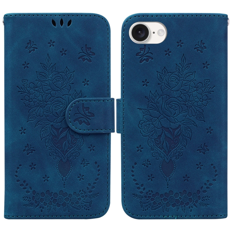 For iPhone 16e Butterfly Rose Embossed Leather Phone Case(Blue) by buy2fix