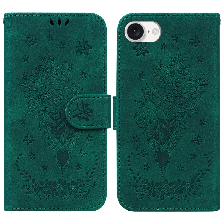 For iPhone 16e Butterfly Rose Embossed Leather Phone Case(Green) by buy2fix