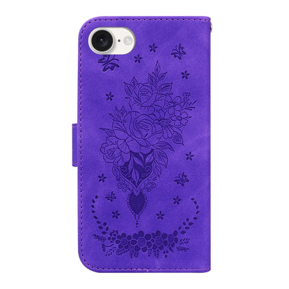 For iPhone 16e Butterfly Rose Embossed Leather Phone Case(Purple) by buy2fix