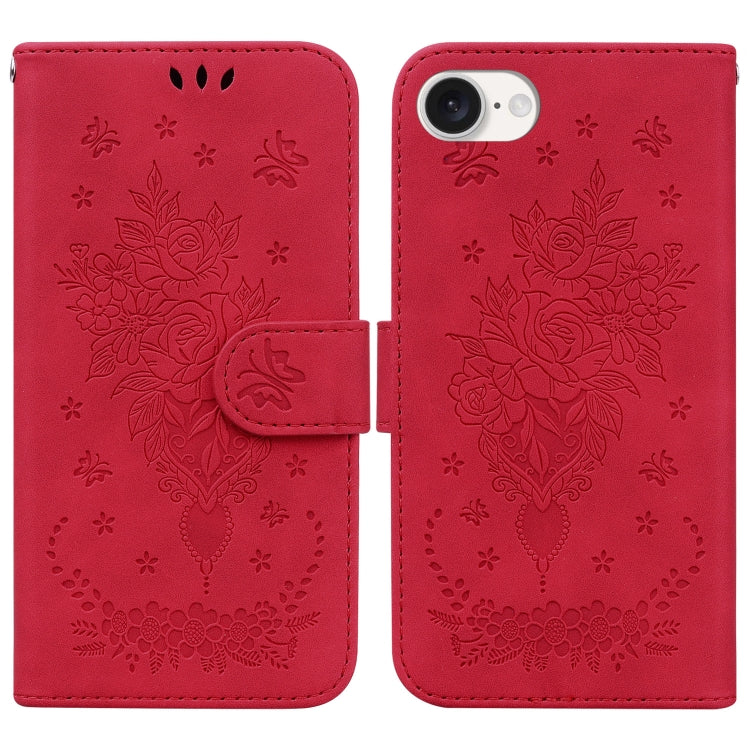For iPhone 16e Butterfly Rose Embossed Leather Phone Case(Red) by buy2fix