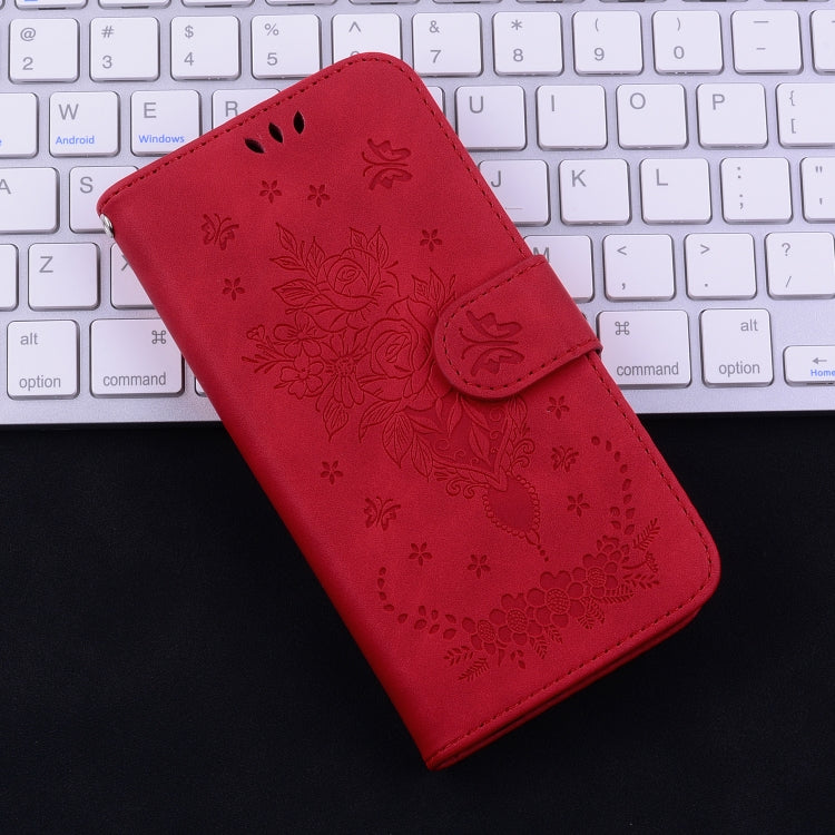 For iPhone 16e Butterfly Rose Embossed Leather Phone Case(Red) by buy2fix