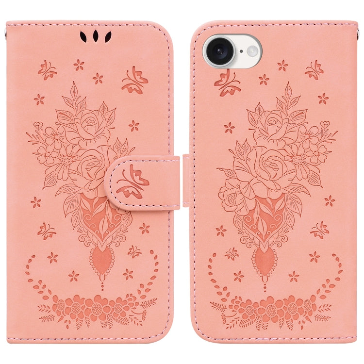 For iPhone 16e Butterfly Rose Embossed Leather Phone Case(Pink) by buy2fix