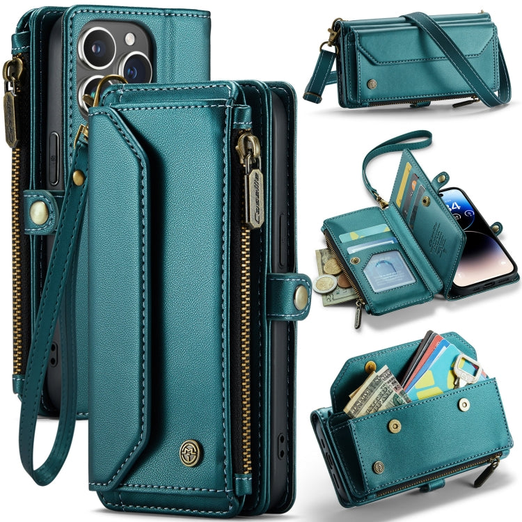 For iPhone 14 Pro Max CaseMe C36 Card Slots Zipper Wallet RFID Anti-theft Leather Phone Case(Blue-green) - iPhone 14 Pro Max Cases by CaseMe | Online Shopping UK | buy2fix