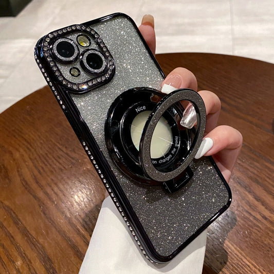 For iPhone 14 Gradient Glitter Diamond Plated Holder Magsafe Phone Case(Black) by buy2fix