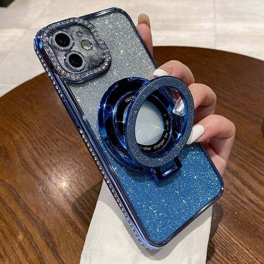 For iPhone 11 Gradient Glitter Diamond Plated Holder Magsafe Phone Case(Blue) by buy2fix