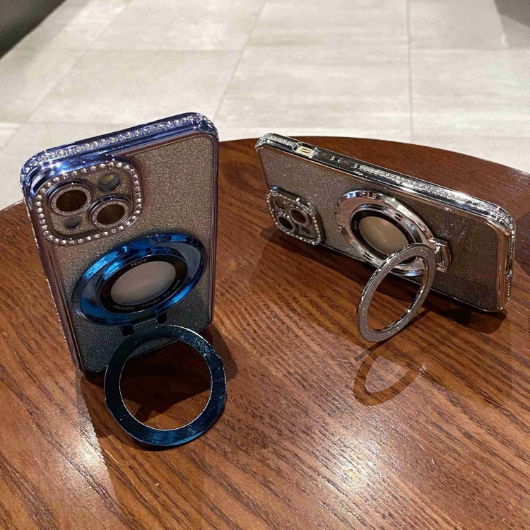 For iPhone 14 Gradient Glitter Diamond Plated Holder Magsafe Phone Case(Purple) by buy2fix