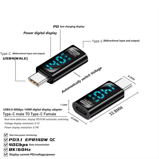 Type-C Male to Type-C Female 140W Charging Adapter with Digital Display(Black) - OTG Adapter by buy2fix | Online Shopping UK | buy2fix