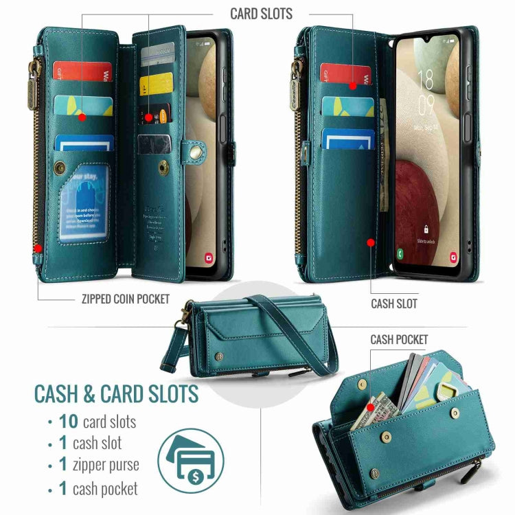 For Samsung Galaxy A12 5G CaseMe C36 Card Slots Zipper Wallet RFID Anti-theft Leather Phone Case(Blue-green) by CaseMe