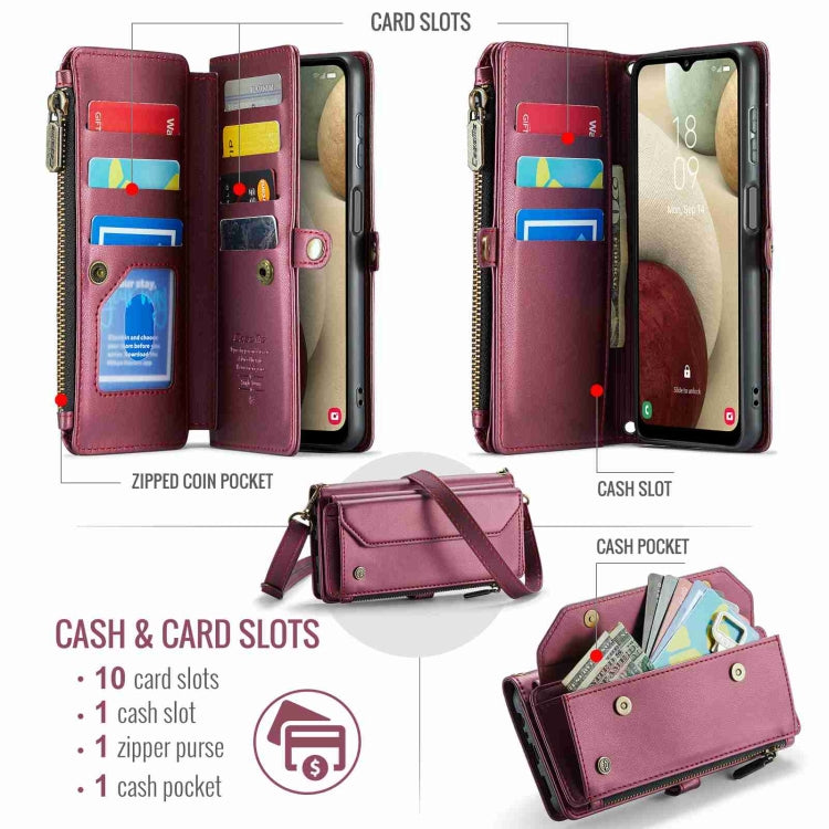 For Samsung Galaxy A12 5G CaseMe C36 Card Slots Zipper Wallet RFID Anti-theft Leather Phone Case(Wine Red) by CaseMe