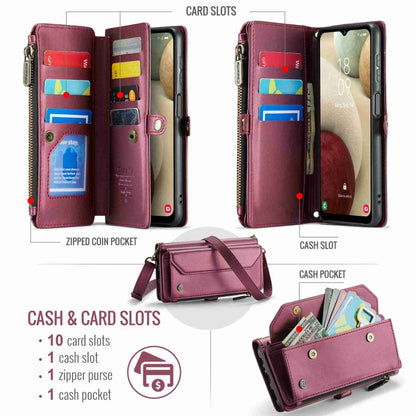 For Samsung Galaxy A12 5G CaseMe C36 Card Slots Zipper Wallet RFID Anti-theft Leather Phone Case(Wine Red) by CaseMe