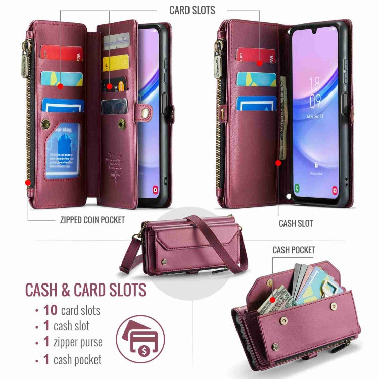 For Samsung Galaxy A15 CaseMe C36 Card Slots Zipper Wallet RFID Anti-theft Leather Phone Case(Wine Red) by CaseMe