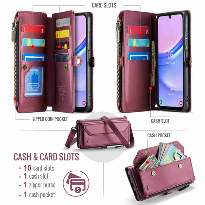 For Samsung Galaxy A15 CaseMe C36 Card Slots Zipper Wallet RFID Anti-theft Leather Phone Case(Wine Red) by CaseMe