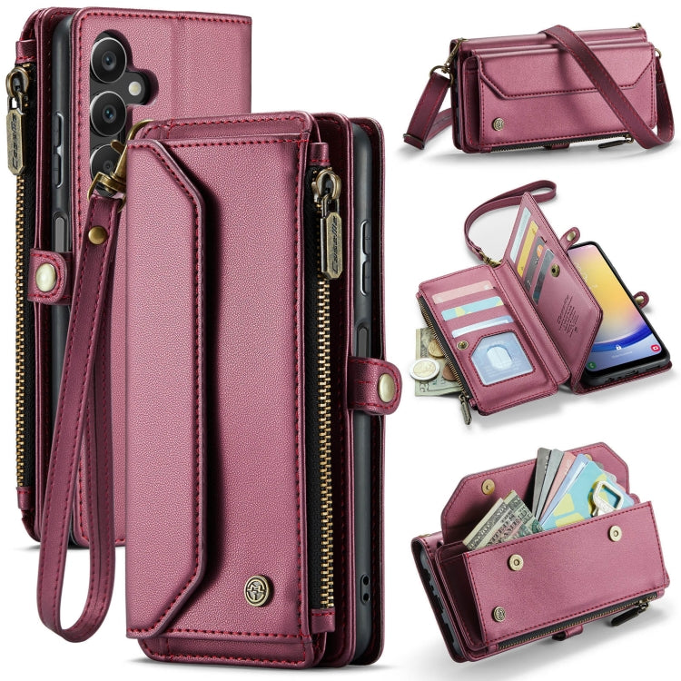 For Samsung Galaxy A25 CaseMe C36 Card Slots Zipper Wallet RFID Anti-theft Leather Phone Case(Wine Red) by CaseMe