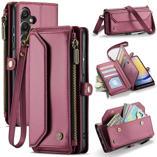 For Samsung Galaxy A25 CaseMe C36 Card Slots Zipper Wallet RFID Anti-theft Leather Phone Case(Wine Red) by CaseMe