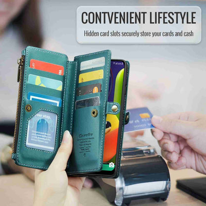 For Samsung Galaxy A30s / A50s / A50 CaseMe C36 Card Slots Zipper Wallet RFID Anti-theft Leather Phone Case(Blue-green) by CaseMe