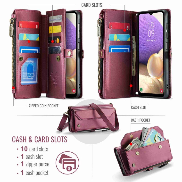 For Samsung Galaxy A32 5G CaseMe C36 Card Slots Zipper Wallet RFID Anti-theft Leather Phone Case(Wine Red) by CaseMe