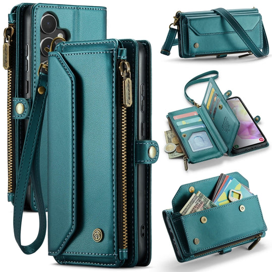 For Samsung Galaxy A35 5G CaseMe C36 Card Slots Zipper Wallet RFID Anti-theft Leather Phone Case(Blue-green)