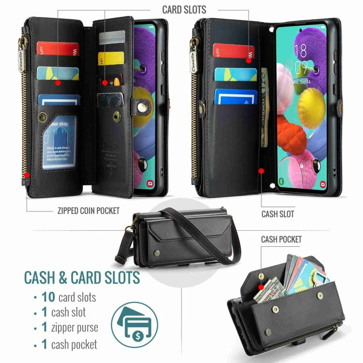 For Samsung Galaxy A51 4G CaseMe C36 Card Slots Zipper Wallet RFID Anti-theft Leather Phone Case(Black) by CaseMe