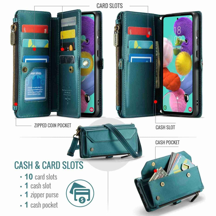 For Samsung Galaxy A51 4G CaseMe C36 Card Slots Zipper Wallet RFID Anti-theft Leather Phone Case(Blue-green) by CaseMe