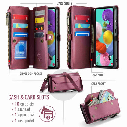 For Samsung Galaxy A51 4G CaseMe C36 Card Slots Zipper Wallet RFID Anti-theft Leather Phone Case(Wine Red) by CaseMe