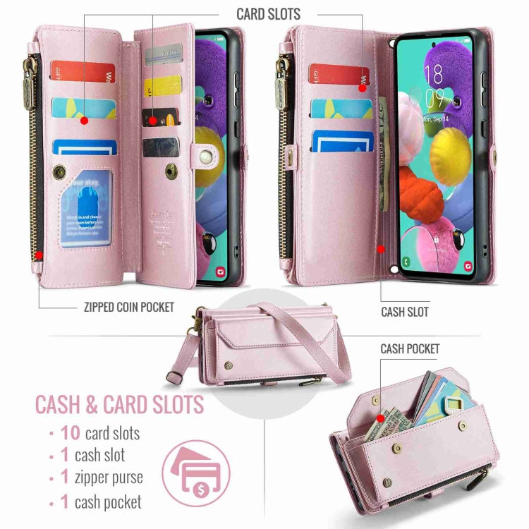 For Samsung Galaxy A51 4G CaseMe C36 Card Slots Zipper Wallet RFID Anti-theft Leather Phone Case(Pink) by CaseMe