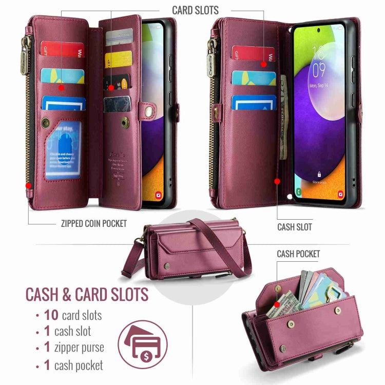 For Samsung Galaxy A52 / A52s 5G CaseMe C36 Card Slots Zipper Wallet RFID Anti-theft Leather Phone Case(Wine Red) by CaseMe