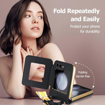 For Samsung Galaxy Z Flip5 Litchi Pattern Makeup Mirror PU Phone Case with Silk Scarf(Beige) - Galaxy Z Flip5 Cases by buy2fix | Online Shopping UK | buy2fix