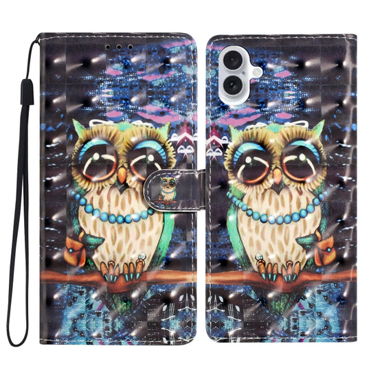 For iPhone 16 Plus 3D Pattern Leather Phone Case(Big-eyed owl)