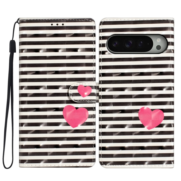 For Google Pixel 9 / 9 Pro 3D Pattern Leather Phone Case(Striped Heart) by buy2fix