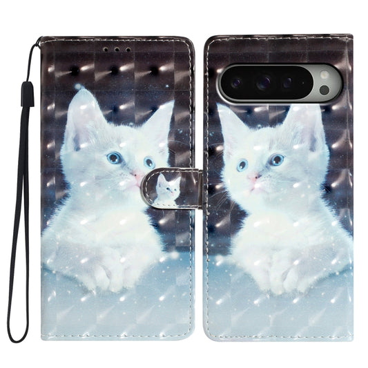 For Google Pixel 9 / 9 Pro 3D Pattern Leather Phone Case(White Cat) by buy2fix