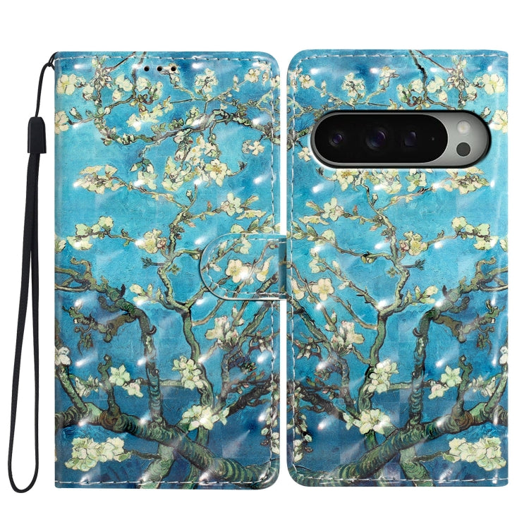For Google Pixel 9 / 9 Pro 3D Pattern Leather Phone Case(Blue Base Apricot Flower) by buy2fix