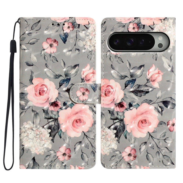 For Google Pixel 9 Pro XL 3D Pattern Leather Phone Case(Gray Base Flower) by buy2fix