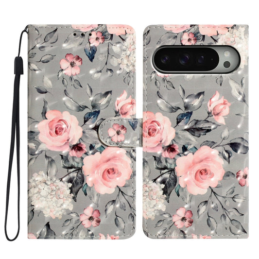 For Google Pixel 9 Pro XL 3D Pattern Leather Phone Case(Gray Base Flower) by buy2fix