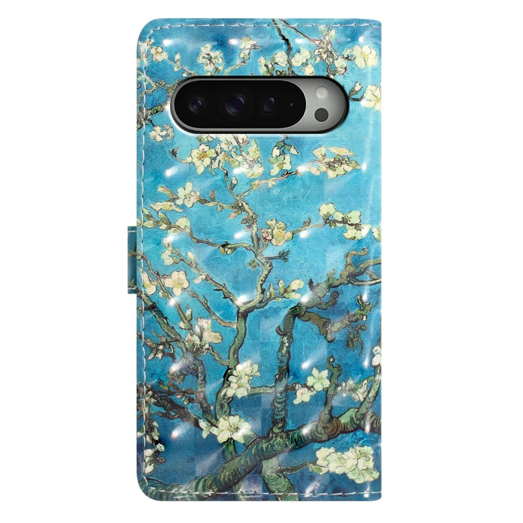 For Google Pixel 9 Pro XL 3D Pattern Leather Phone Case(Blue Base Apricot Flower) by buy2fix
