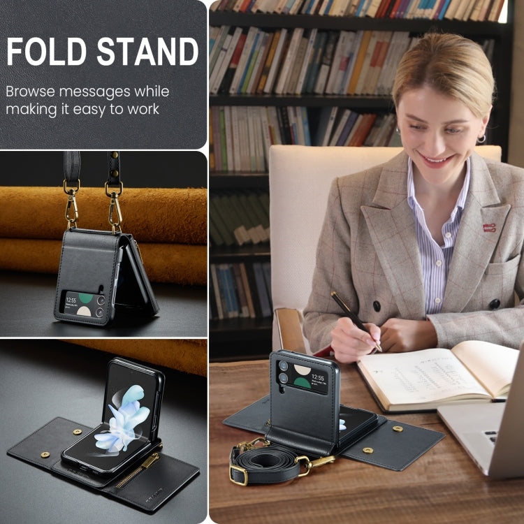 For Samsung Galaxy Z Flip3 5G DG.MING M5 Series Zip RFID Multi Card Detachable Leather Phone Case with Long Lanyard(Black) by DG.MING