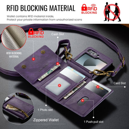 For Samsung Galaxy Z Flip6 DG.MING M5 Series Zip RFID Multi Card Detachable Leather Phone Case with Long Lanyard(Purple) - Galaxy Z Flip6 5G Cases by DG.MING | Online Shopping UK | buy2fix