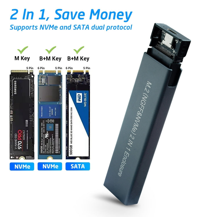 Aluminium Alloy M.2 NDFF&NVMe 2-in-1 External Hard Drive Enclosure(Dark Grey) by buy2fix