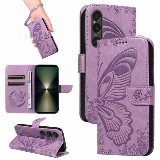 For Sony Xperia 1 VI 2024 Swallowtail Butterfly Embossed Leather Phone Case(Purple) by buy2fix
