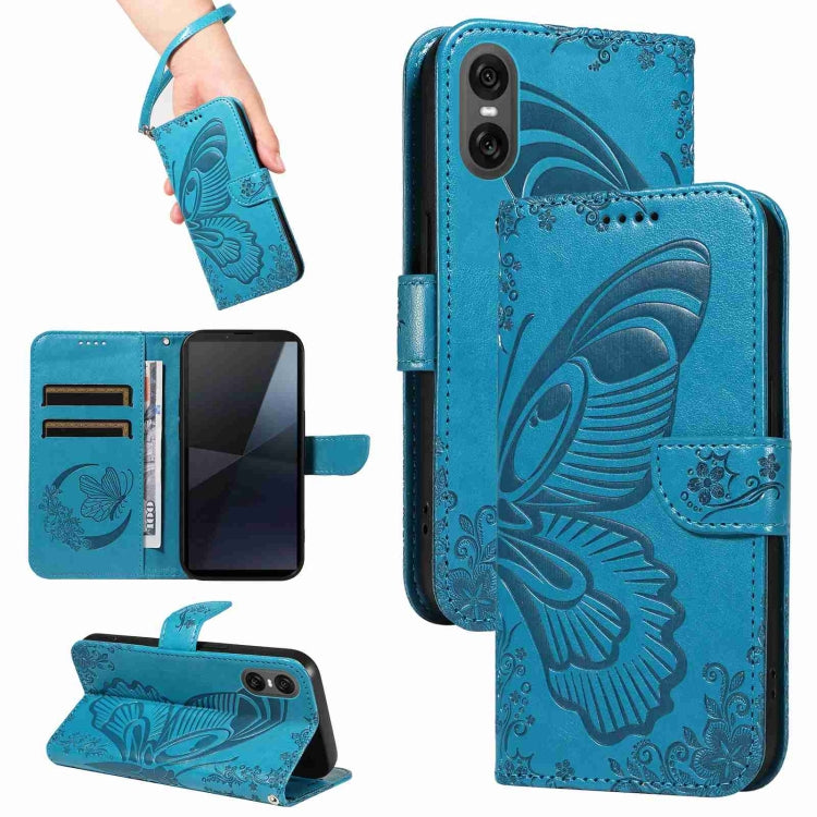 For Sony Xperia 10 VI 2024 Swallowtail Butterfly Embossed Leather Phone Case(Blue) by buy2fix