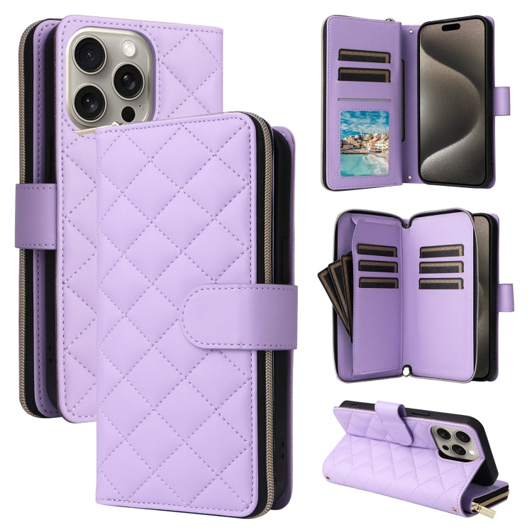 For iPhone 15 Pro Max Crossbody Rhombic Zipper Tower Buckle Leather Phone Case with Lanyard(Purple) - iPhone 15 Pro Max Cases by buy2fix | Online Shopping UK | buy2fix