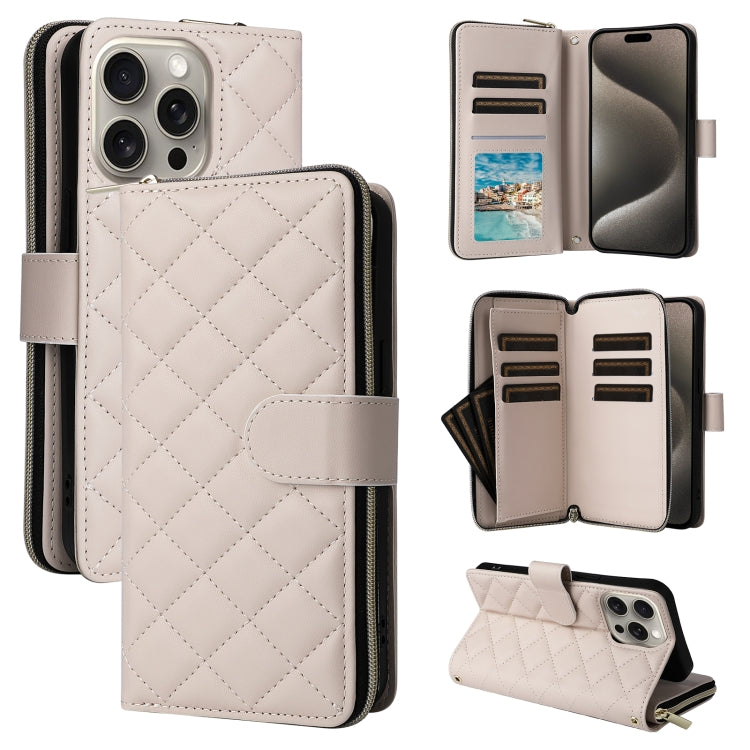 For iPhone 15 Pro Max Crossbody Rhombic Zipper Tower Buckle Leather Phone Case with Lanyard(Beige) - iPhone 15 Pro Max Cases by buy2fix | Online Shopping UK | buy2fix