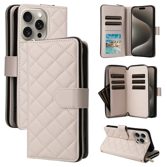 For iPhone 15 Pro Max Crossbody Rhombic Zipper Tower Buckle Leather Phone Case with Lanyard(Beige) - iPhone 15 Pro Max Cases by buy2fix | Online Shopping UK | buy2fix