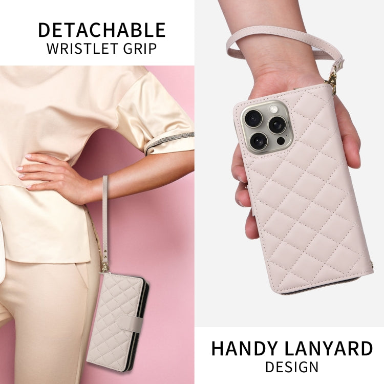 For iPhone 15 Pro Max Crossbody Rhombic Zipper Tower Buckle Leather Phone Case with Lanyard(Beige) - iPhone 15 Pro Max Cases by buy2fix | Online Shopping UK | buy2fix